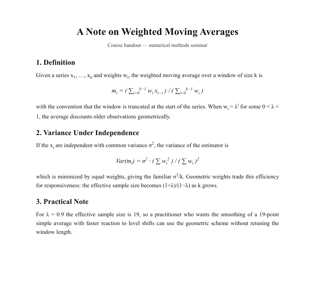 Math handout PDF page with displayed summation formulas